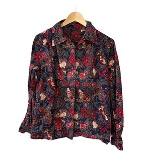 Vintage Christmas Santa Floral Button Down Blouse M